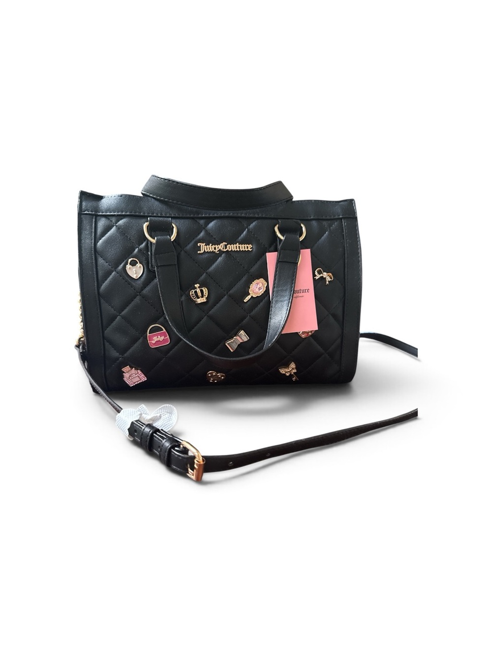 NWT Juicy Couture Black Quilted Charm Satchel Bag Y2K Gold Crossbody